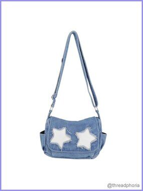 Y2K Denim Crossbody Bag Washed Jean Shoulder Handbag Star Patches